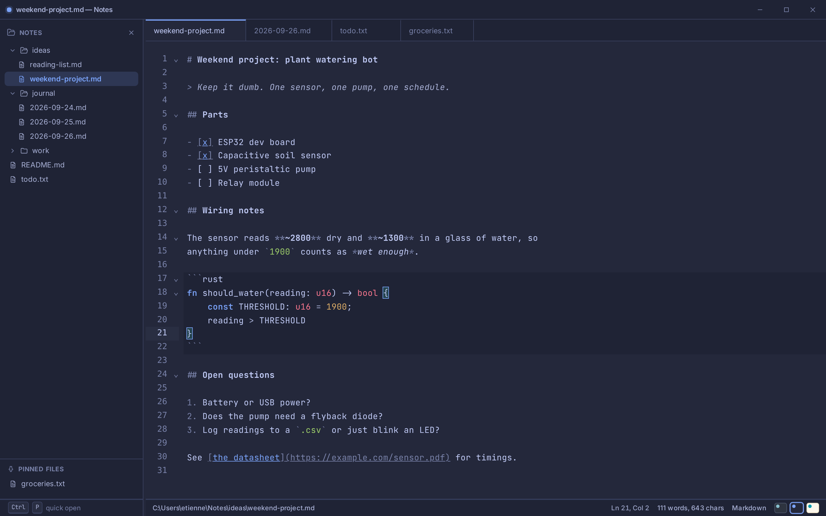 Notes in the Tokyo Night theme: a folder tree on the left, four open tabs, and a markdown note with a highlighted Rust code block