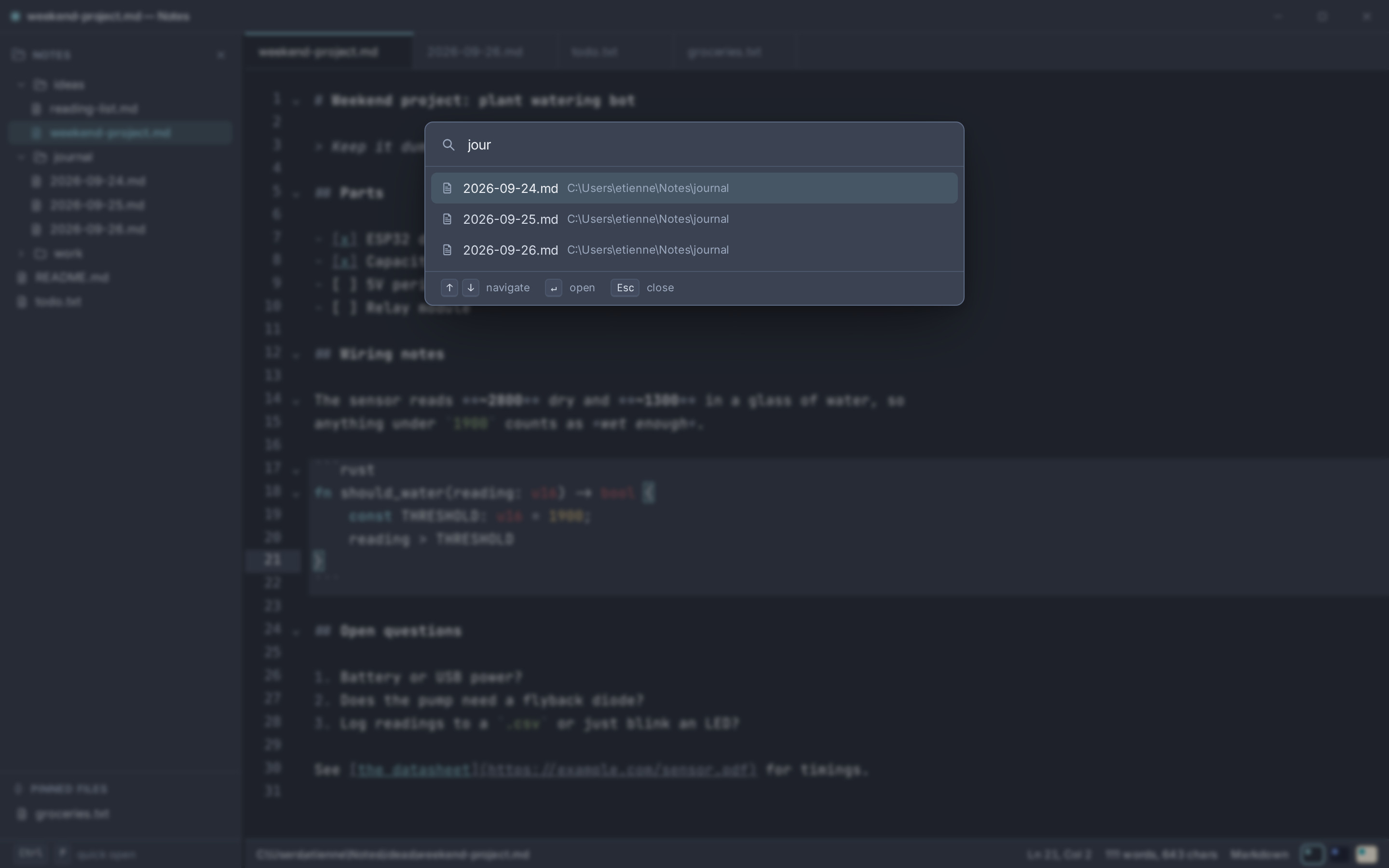 The Ctrl+P quick-open box over the editor, filtering files by the word jour